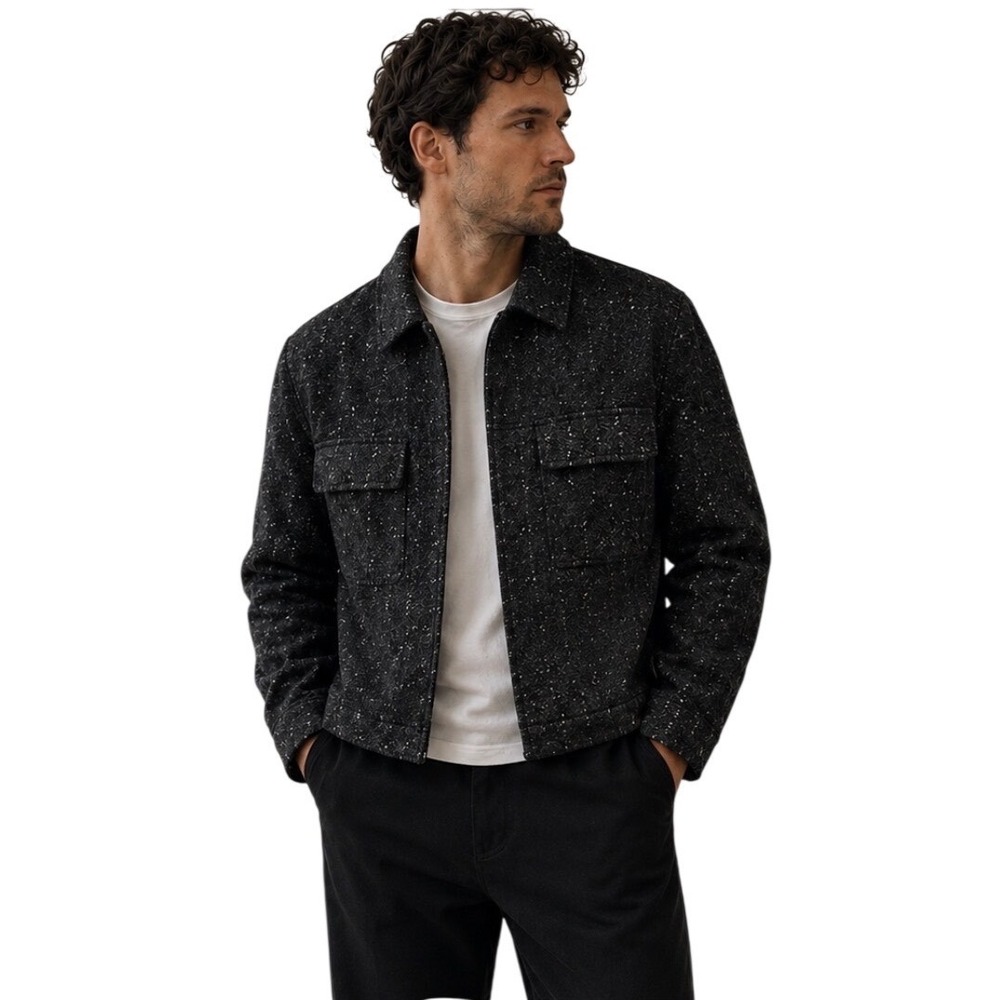 Zara Mens M Black White Speckled NWT Cropped Boucle Wool Blend Chore Jacket